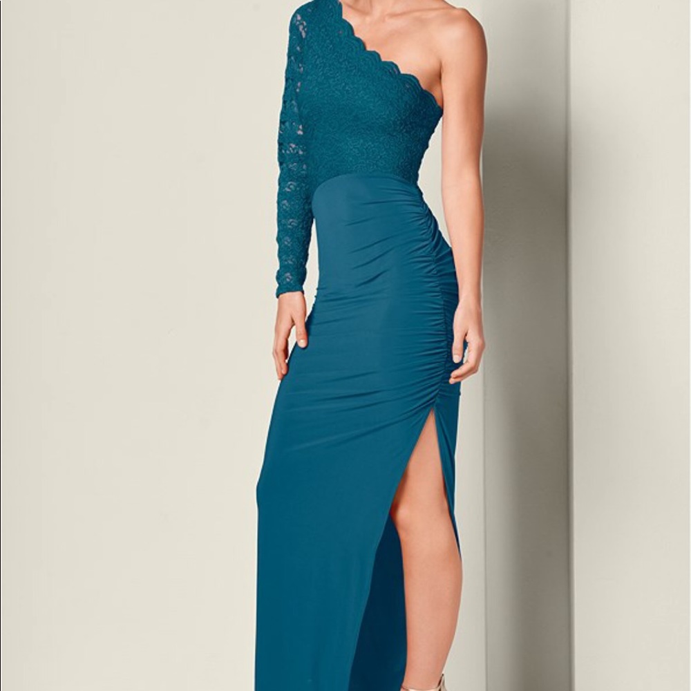Venus long one shoulder dress with lace